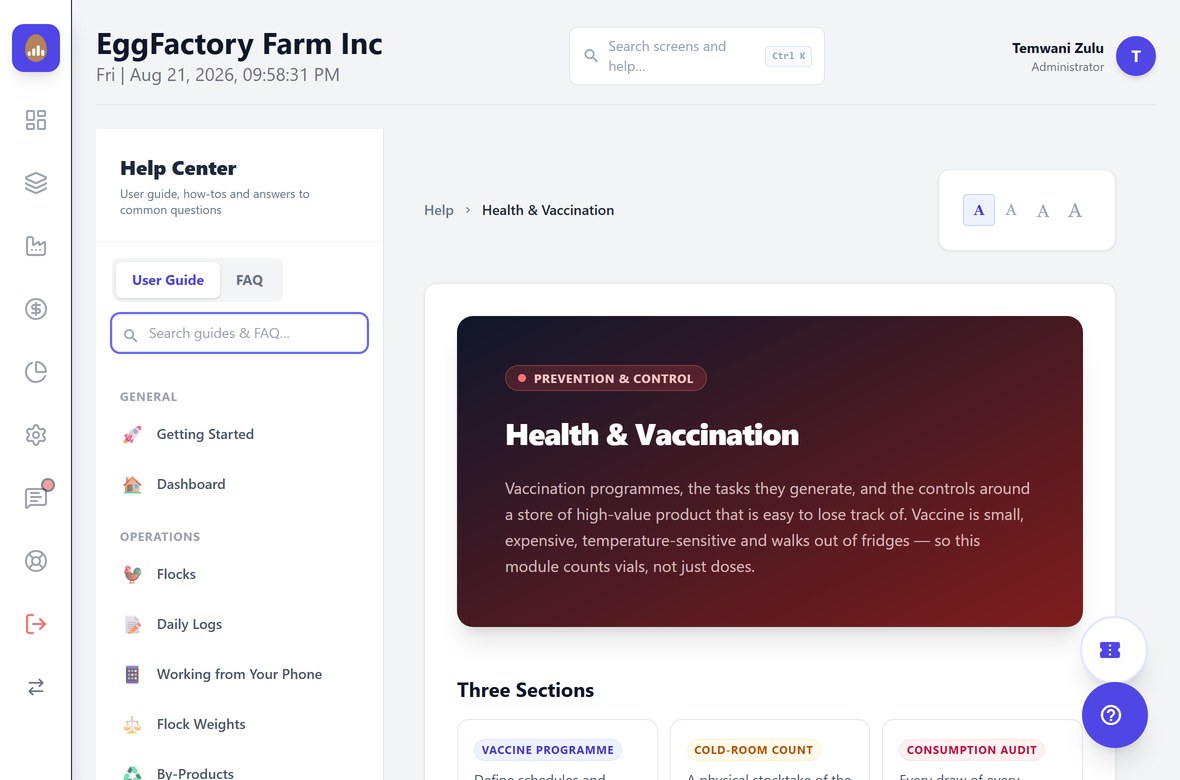 The in-app Help Center showing the Health and Vaccination guide, with the guides grouped by area down the left, a switch between guide and FAQ, a search box and four text-size settings.